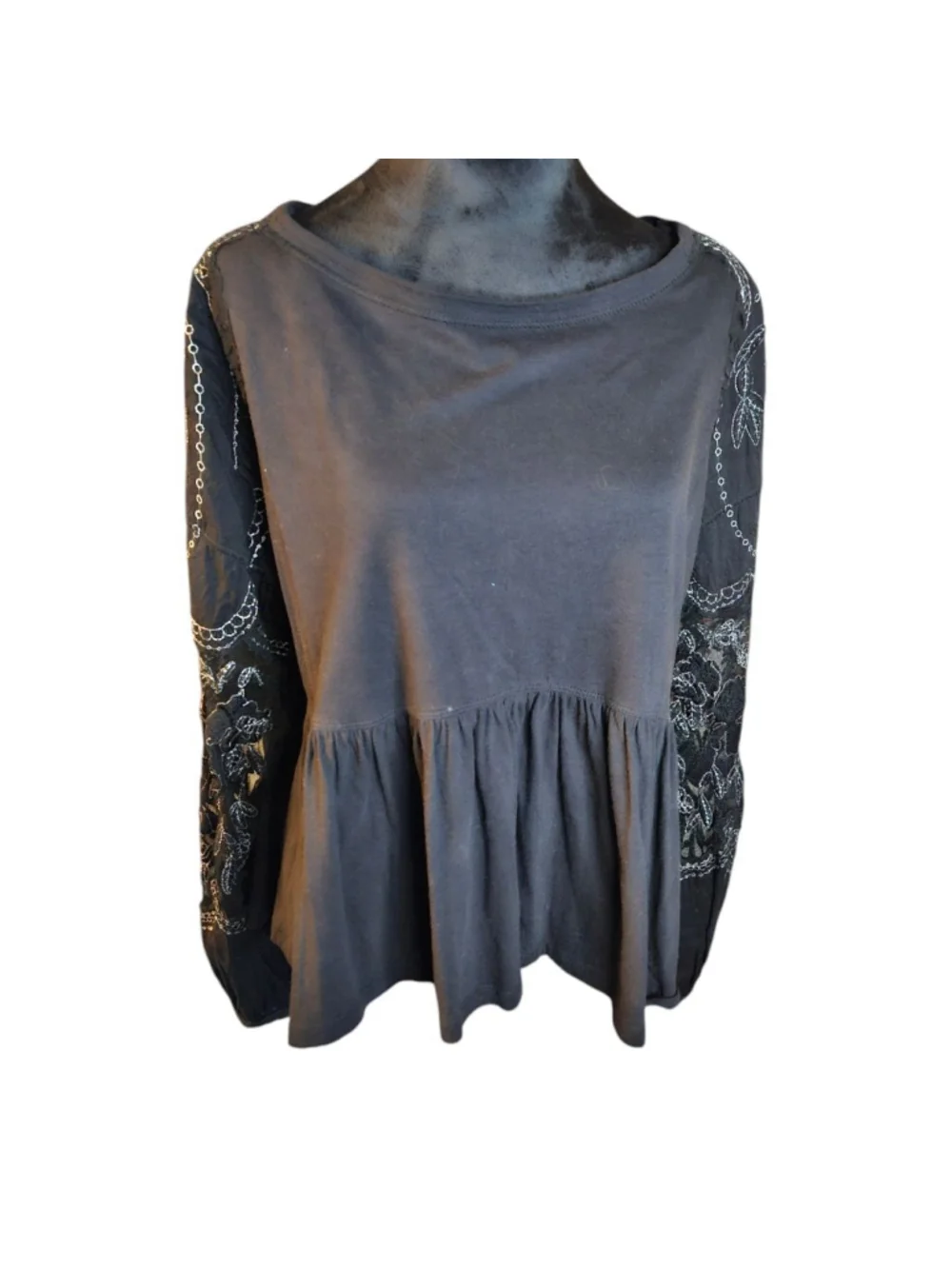Free People XS Black Penny Peplum Embroidered Sleeve Top Boho